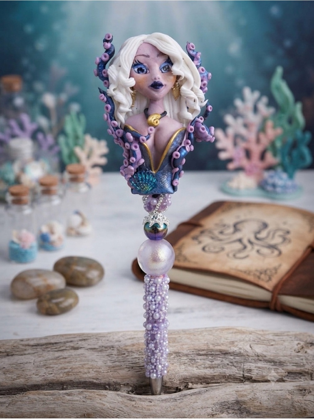 Custom made clay Mermaid Octopus Purple Beaded Pen